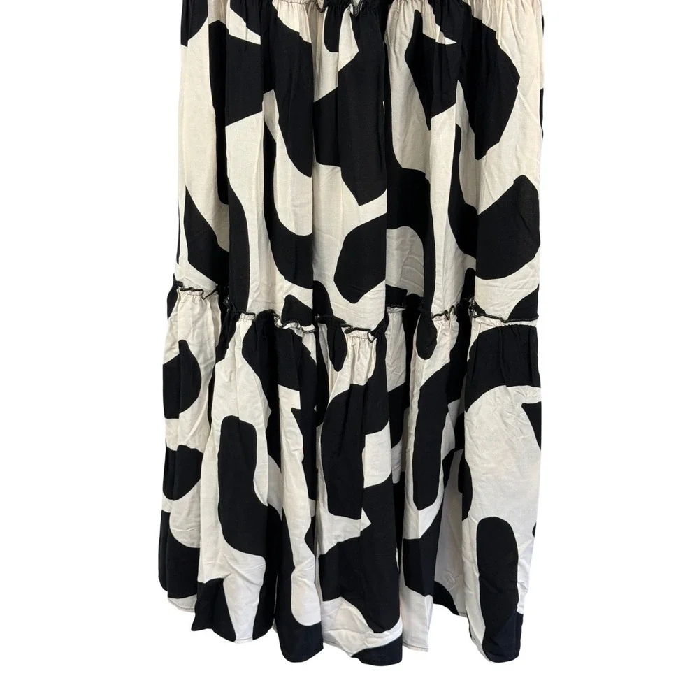Abel The Label Black White Strapless Smocked Tiered Maxi Dress M NWT